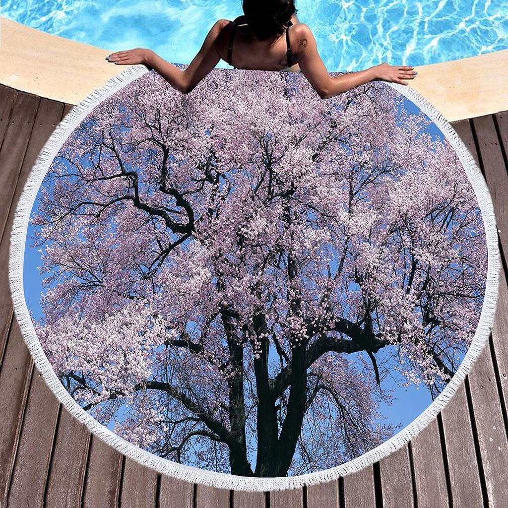 Big Tree Print Round Beach Towels, Polyester Sand Resistant Shawl Beach Blanket,Soft Absorbent Quick Dry Pool Towel Picnic Mat