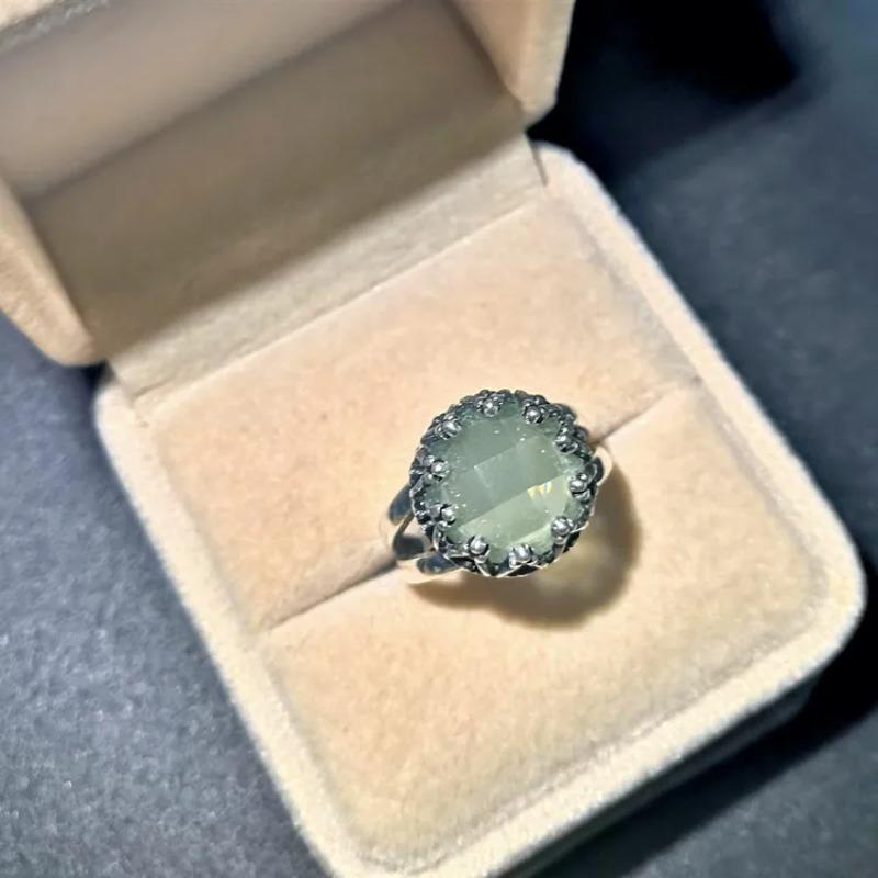 Trend Retro Ancient Silver Ring for Women Light Green Crystal Zircon Alloy Simple Gathering Light Luxury High Sense