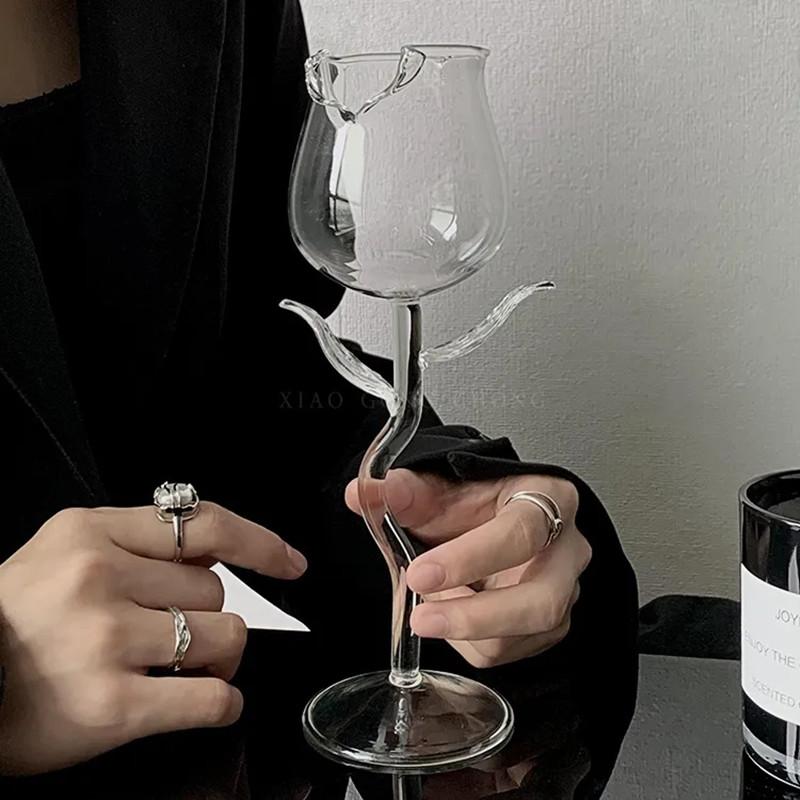 Creative Cocktail Glass Clear Rose Shape Wine Glass with Clear Leaves Glasses Shot Glass Cup Wedding Table Decoration Gift
