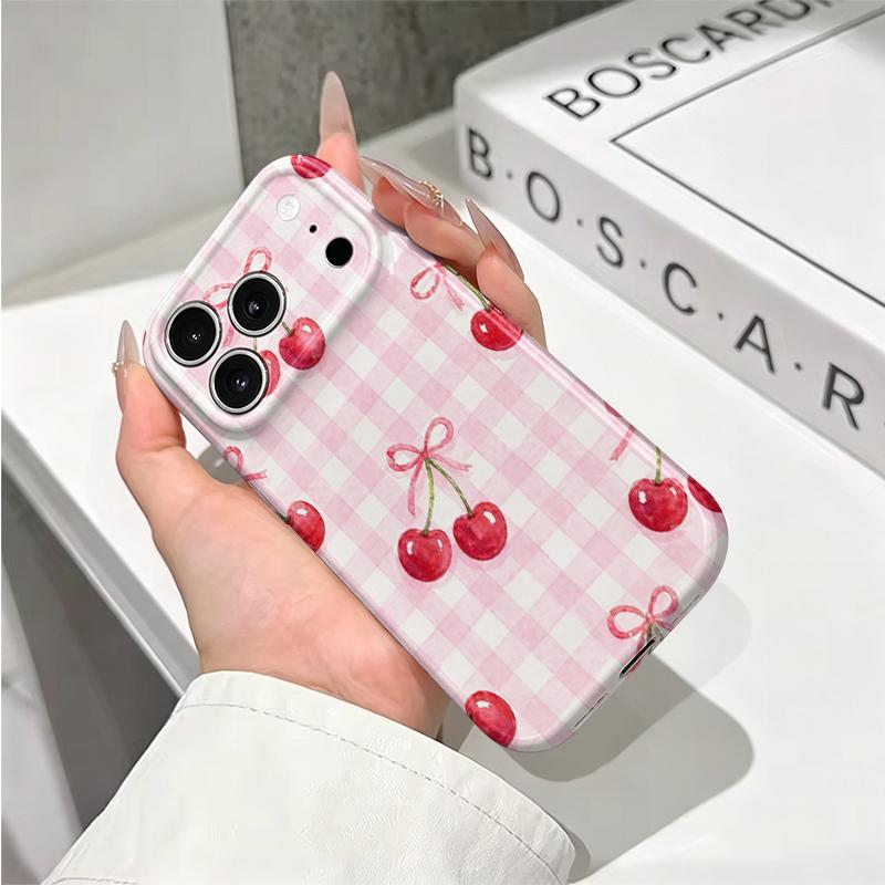 Sweet Gingham Cherry Pattern Art Graphic Design Cute Film Aesthetic Protective Shockproof Bumper Phone Case Cover For iPhone 14 15 16 Pro Max Plus