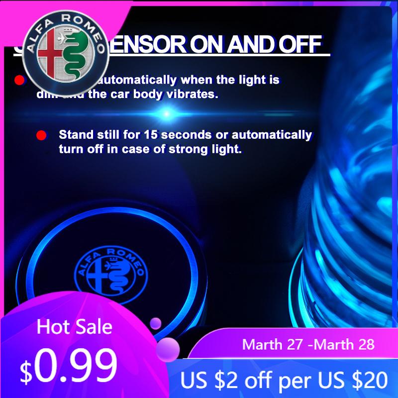 For Alfa Romeo 1/2pc Led Luminous Car Water Cup Coaster 7 Colorful USB Charging Light For Alfa Romeo 4C Mito Giulietta 159 Sport zl9
