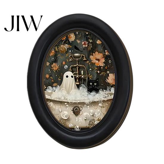 Unique Housewarming Gifts Halloween Wooden Door Hanging Sign, Oval Gothic Black Cat Ghost Wall Plaque, Retro Decoration Waterproof Decor Art