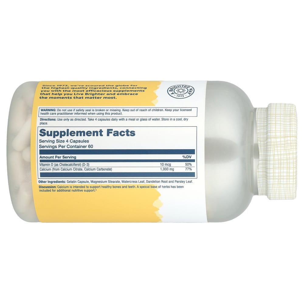 Solaray Calcium Citrate 1000mg with Vitamin D3 Veggie Capsules, 240 Count (250mg per Capsule)