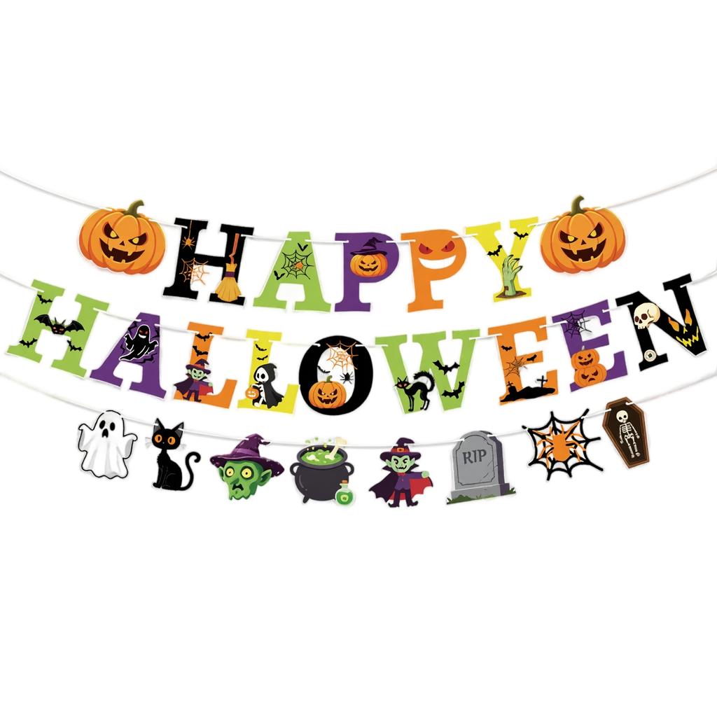 Halloween Party Banner Decoration Set with Letter Flags and Halloween Character Cutouts for Indoor Outdoor Seasonal Celebration