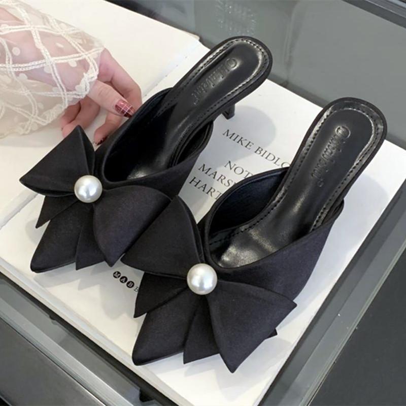 

Летние дизайнерские женские шлепанцы с жемчужным бантом, сексуальные атласные сандалии-слайды с острым носком, элегантные туфли на высоком каблуке для женщин, лоферы 35 чёрный