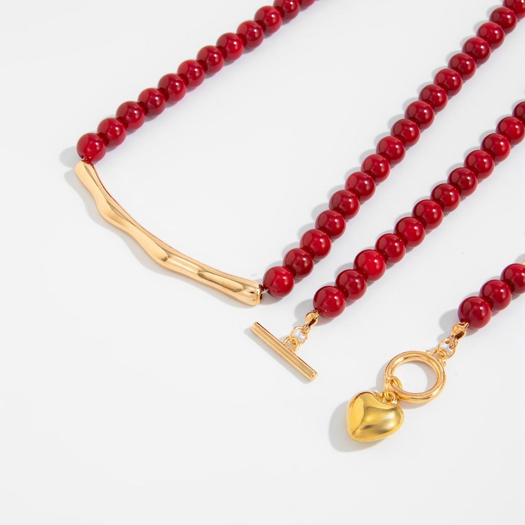 Goth Love Heart OT Buckle Pendant Choker Necklace for Women Vintage Red Plastic Beads Chain Daily Jewelry Gift