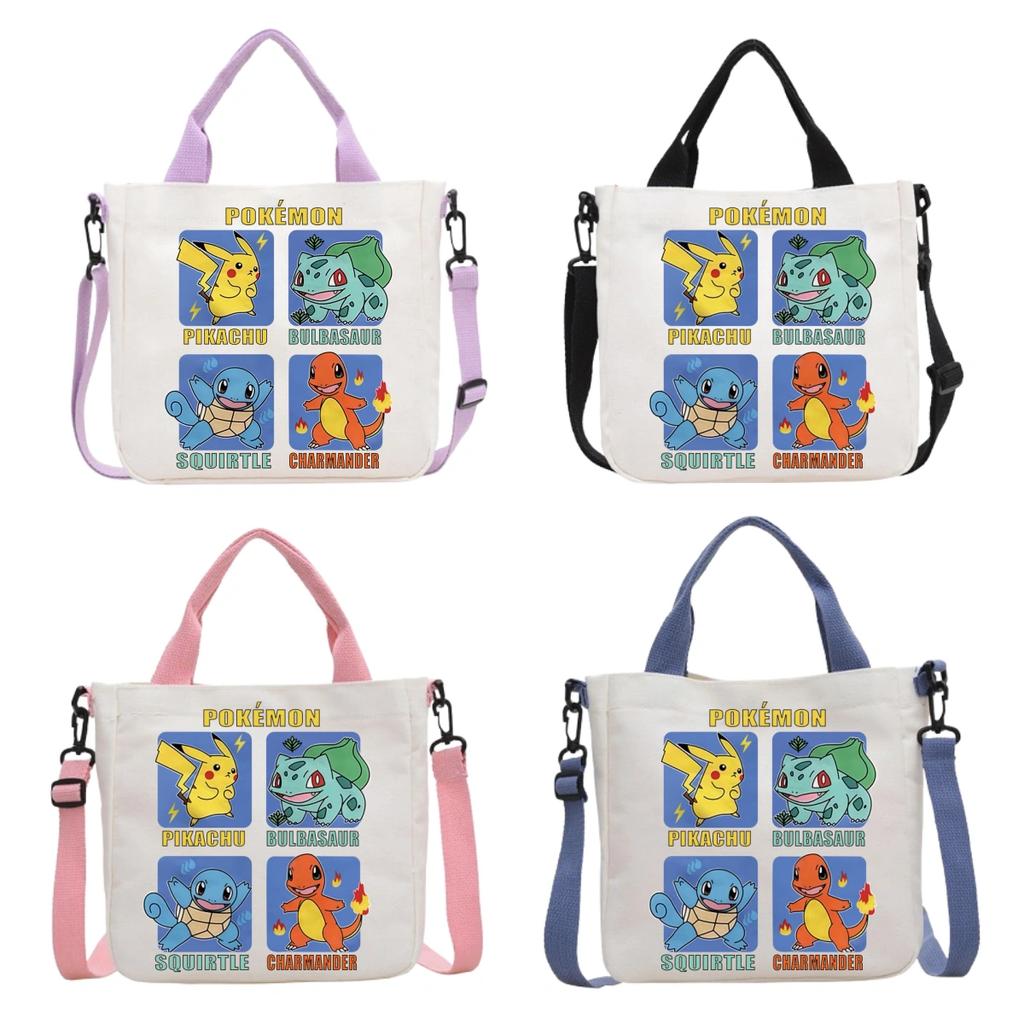 Pokemon Canvas Crossbody Bag Pikachu Cartoon Pattern Print Handbag Fashion Portable Large Capacity Travel Shopping Storage Kid Friendly Entertaining