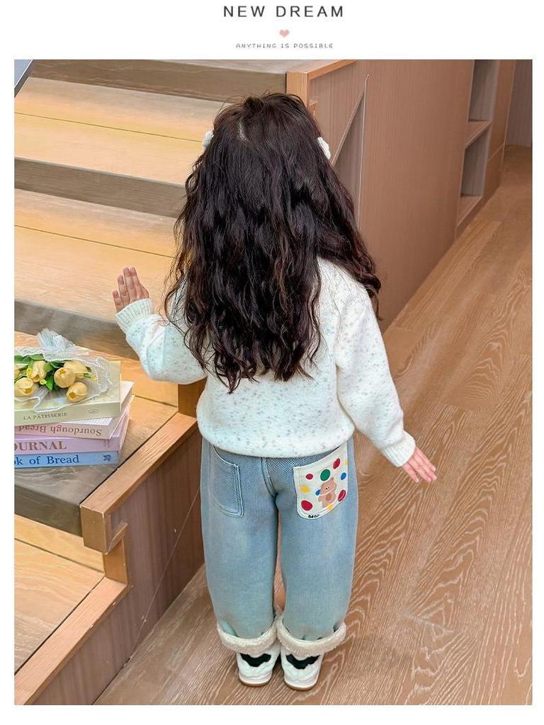 Girls' Winter Fleece-Lined Jeans: Alpaca Fleece One-Piece Warm Casual Pants