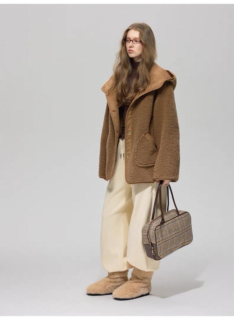 2025 Fall/Winter Women's Hooded Lambswool Fur Coat - Thickened Texture & Button-Up Design