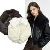 Niche cool lamb wool large lapel locomotive cotton clothes  thickened padded short pu leather cotton-padded clothes winter coat