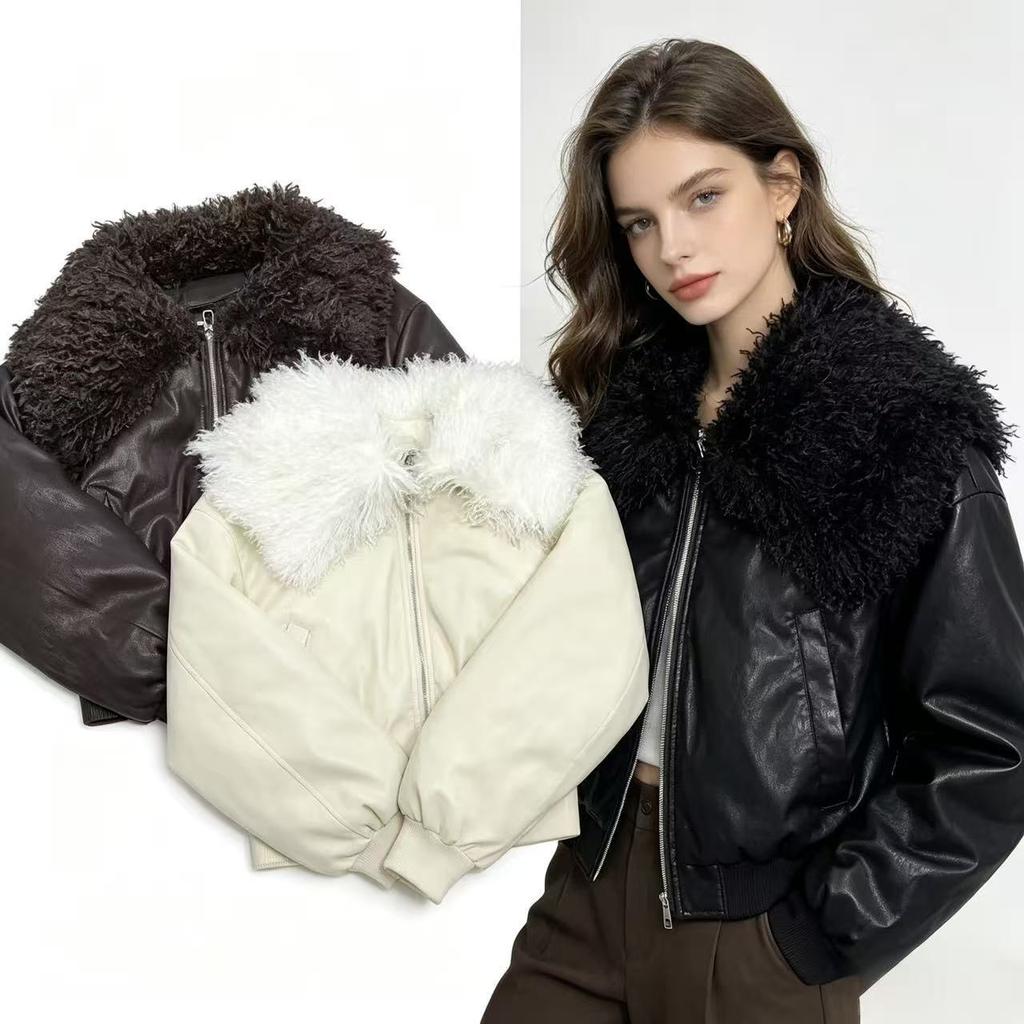 Niche cool lamb wool large lapel locomotive cotton clothes thickened padded short pu leather cotton-padded clothes winter coat