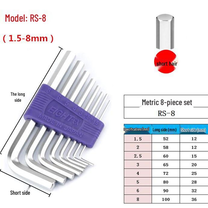 Japanese Eight Brand RS Series Hex Key Set - Flat Head Metric Long