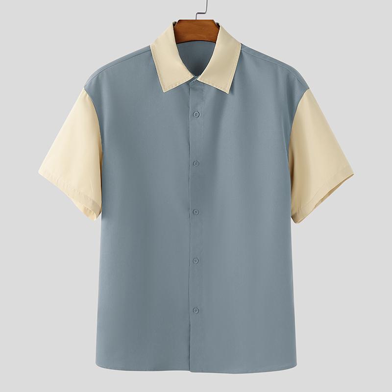 

INCERUN Мужские рубашки оверсайз с лацканами, пэчворк, на пуговицах, повседневные синий