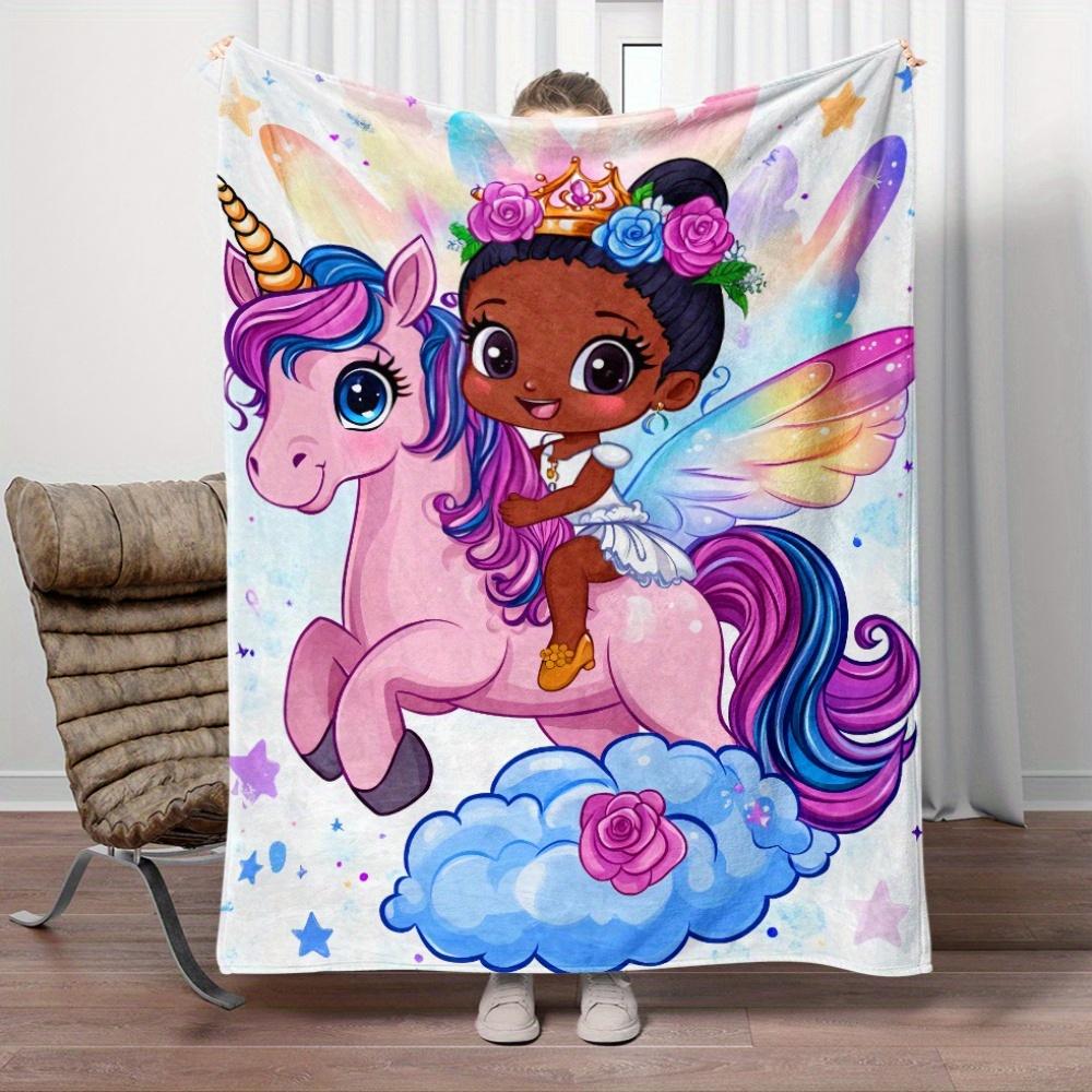 Unicorn Fairy Riding Black Girl Blanket Magical Fantasy Theme Rainbow Wings Soft Flannel Throw Blanket for Kids Girls Bedroom