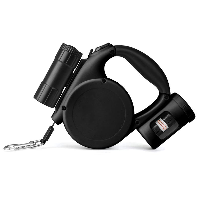 

5m Retractable Dog Leash For Small Medium Dogs, One Button Break And Lock System, With Led Flashlight And Waste Bag Holder чорний