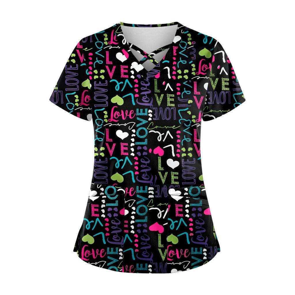 Plus SizePrinted Scrub Working Uniform Tops para mulheres Cross V-neck Halloween Print manga curta camisetas divertidas Workwear Tee com bolsos