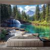 Mountain Lake Waterfall Tapestry - Realistic Evergreen Forest & Cascading Falls Wallpaper, Self-Adhesive Backdrop for Living Roo