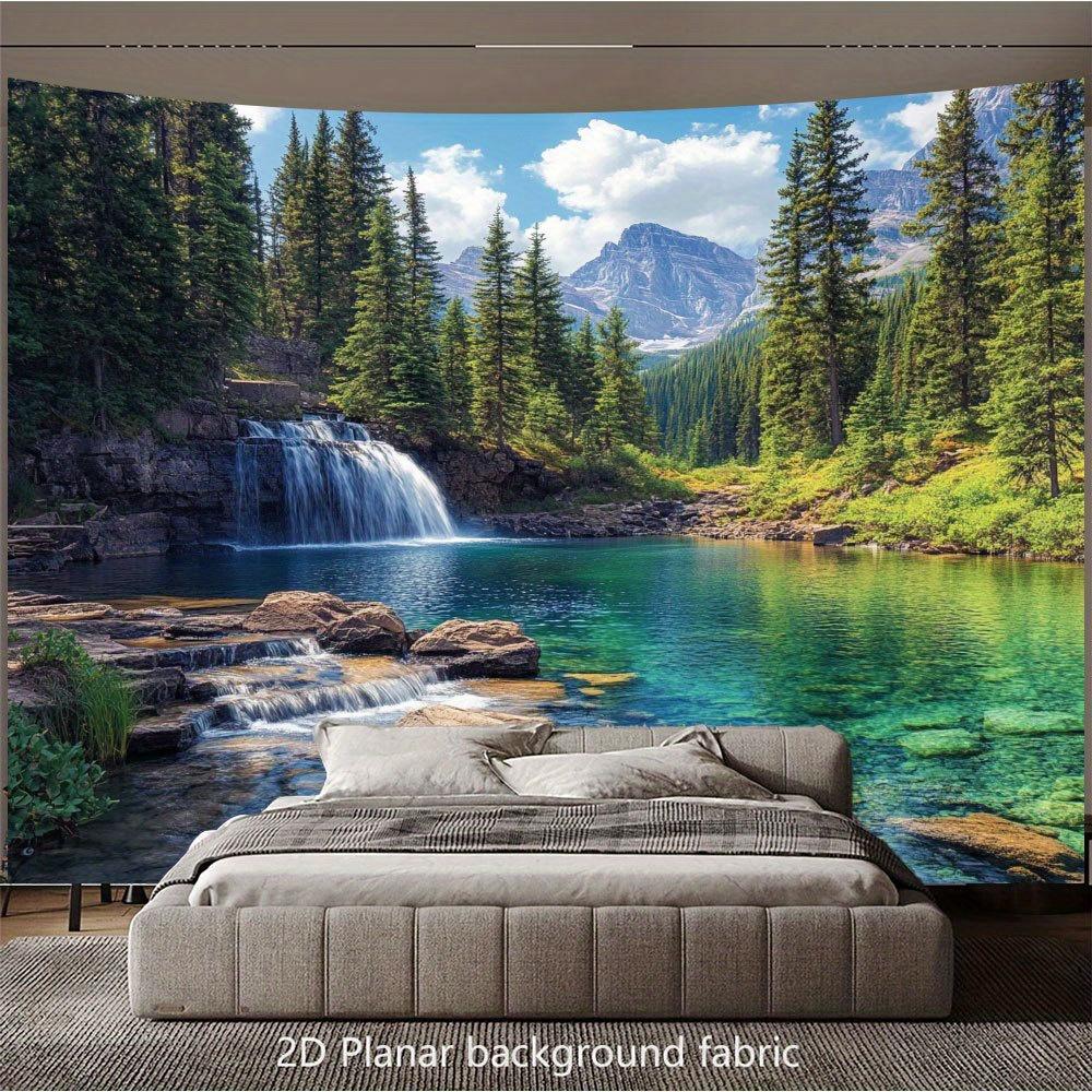Mountain Lake Waterfall Tapestry - Realistic Evergreen Forest & Cascading Falls Wallpaper, Self-Adhesive Backdrop for Living Roo