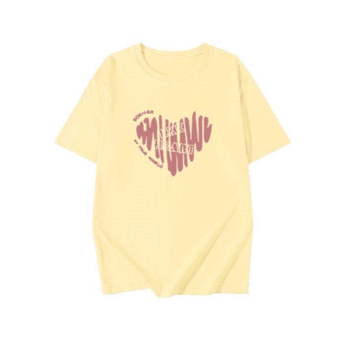Plus Size Cotton T-Shirt - Women's Summer Short Sleeve Pink Heart Mid-Length Loose European Style