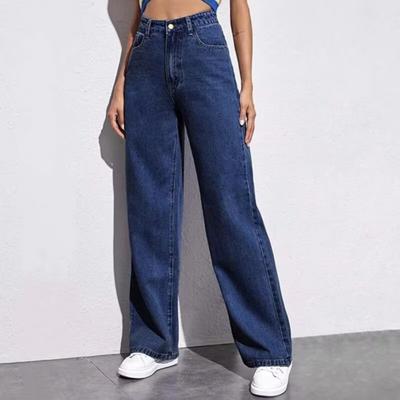 Womens Wide Leg Straight Cut Denim Pants High Waist Loose Fit Full Length Cotton Blend