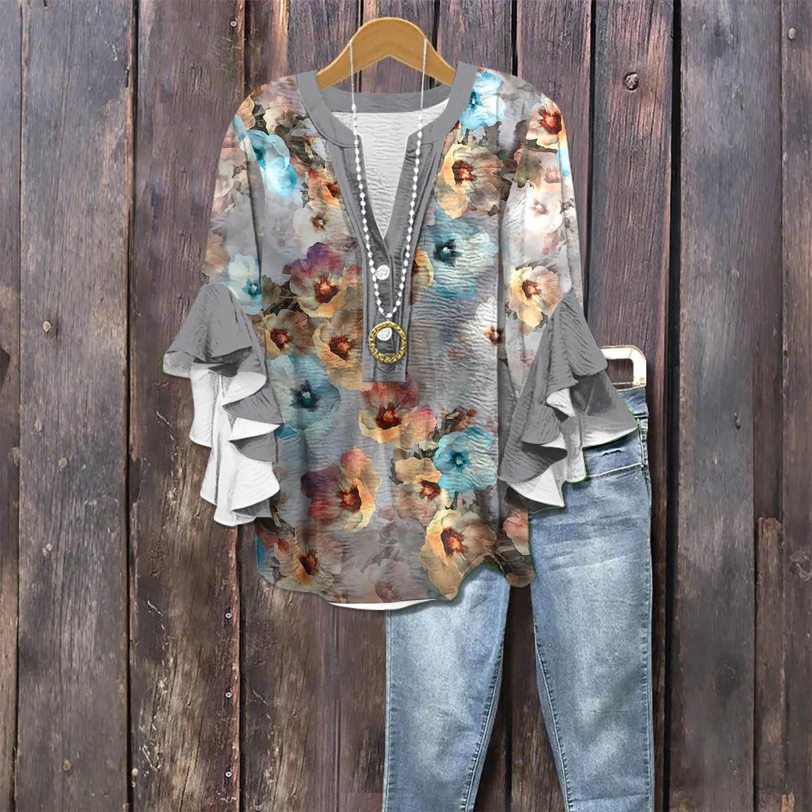 

Женская модная повседневная рубашка с пуговицами, V-образным вырезом, рукавом семь восьмых и винтажным принтом XL