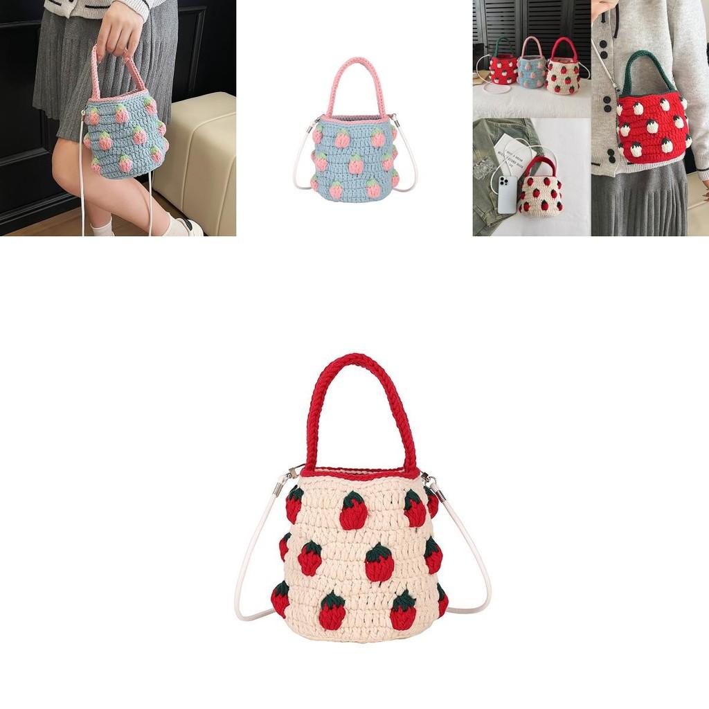Cute Color Blocking Strawberry Pattern Women Knit Handbag For Casual Outings