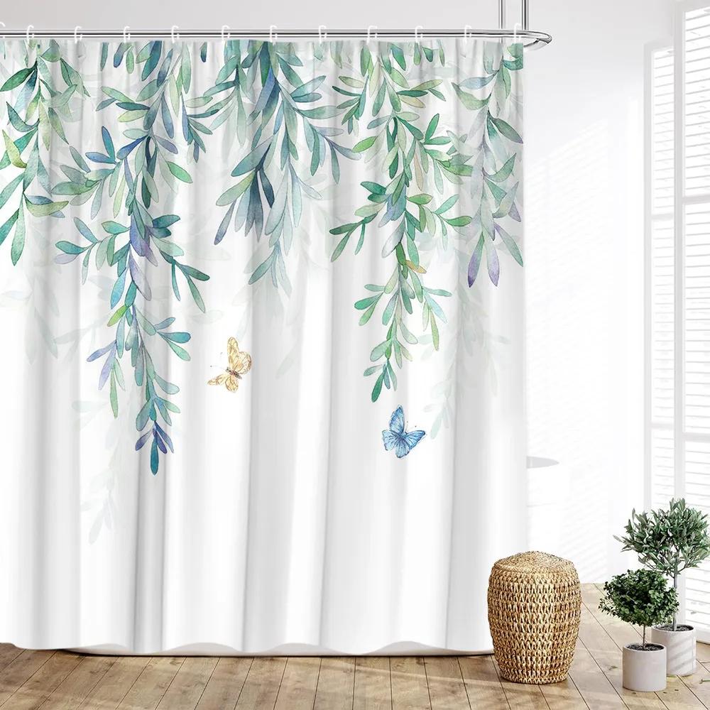

Sage Green Eucalyptus Shower Curtain, Watercolor Plant Floral Eucalyptus Leaves Fabric Shower Curtains Spring Bathroom Decor Set 90x180cm-35x70in