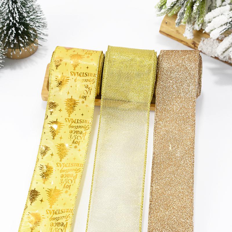 2M Christmas Ribbon Gold Silver Polyester Gliter Ribbon DIY Xmas Tree Bow Ornaments Kids Gifts Packaging Navidad Home Decoration