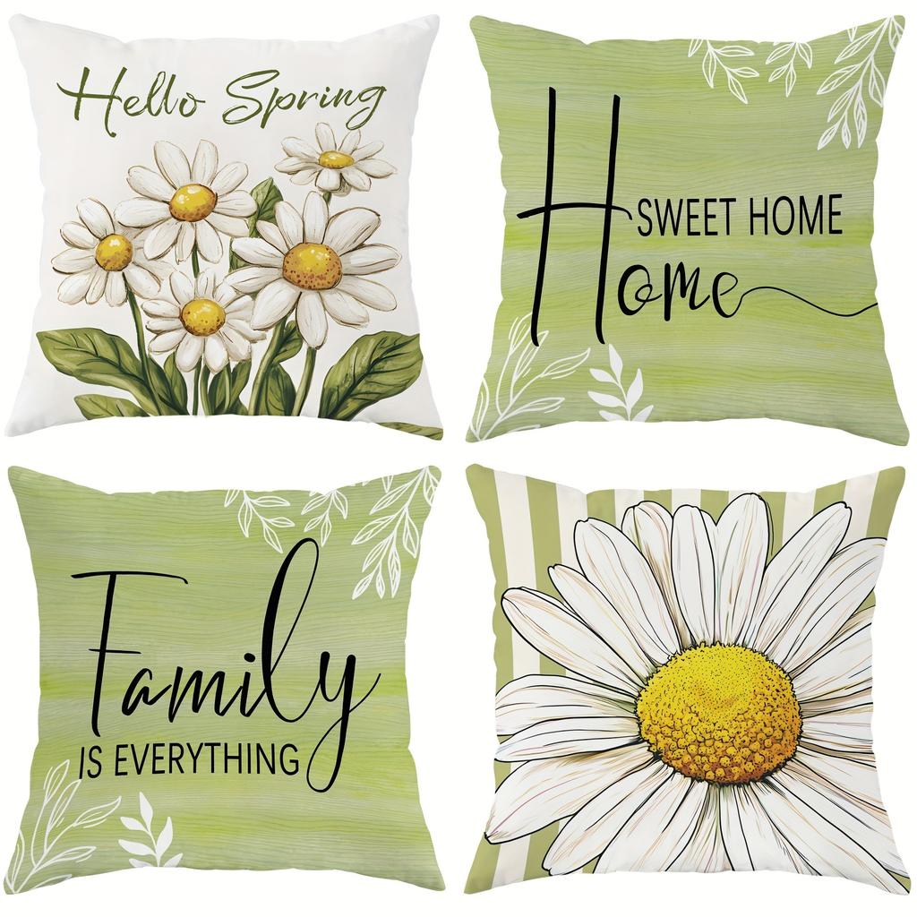 Spring-inspired Daisy Pillow Cover: Fresh Blooms, Heartfelt Quotes for Home and Family, Sofa Cushion Cover, Room Decoration