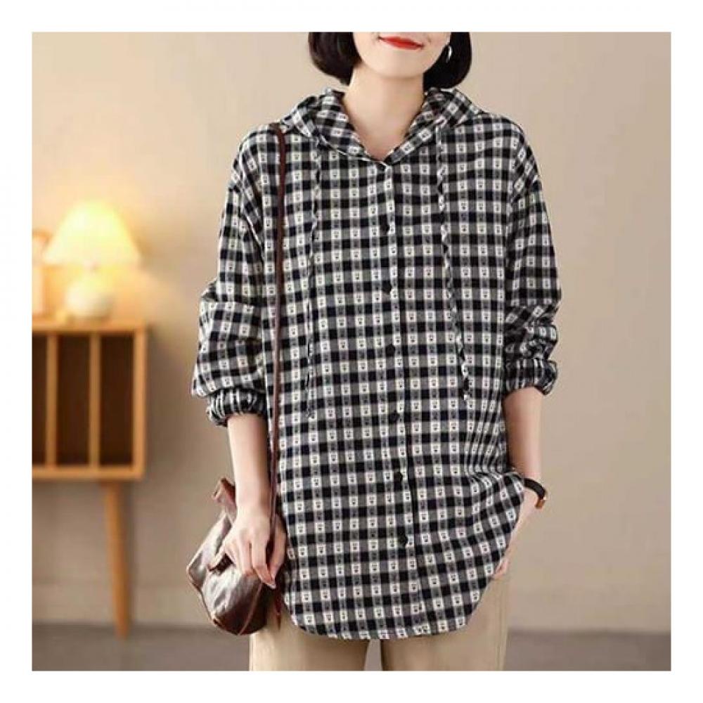Navava Long Sleeve Hooded Shirt Retro Casual Check Nb1959