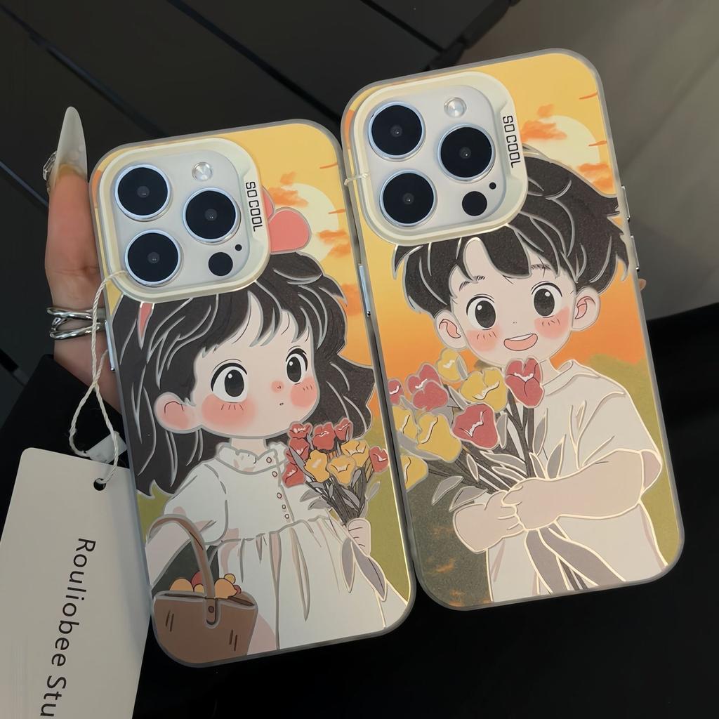 Flower Picking Boy iPhone16promax Mobile Phone Case 15plus Anti-drop for Apple 14 Hard 12 Couple 13 Hard