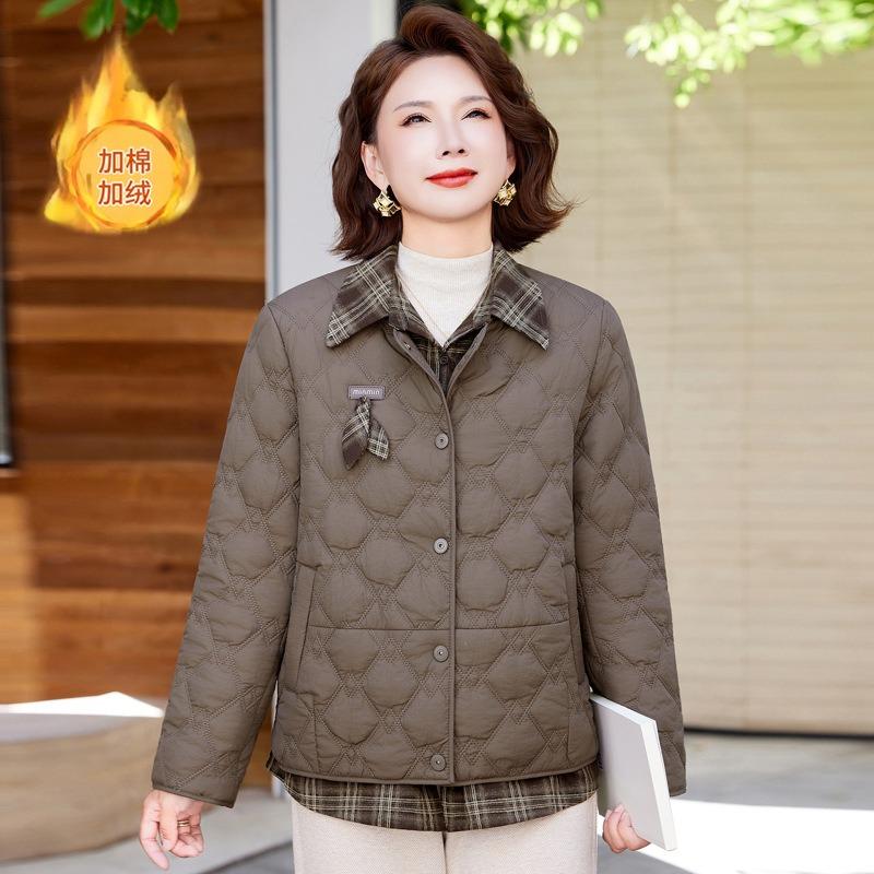 

Winter warm cotton-padded clothes women s plaid splicing jackets velvet versatile large-size cotton-padded jackets 5XL [Recommended 150-80 kg]