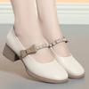 4cm Breathable Fashion Med Block Heels Shoes Women Mary Janes 2025 Fall Shallow Mouth Pearl Bow Leather Shoes for Office Mom