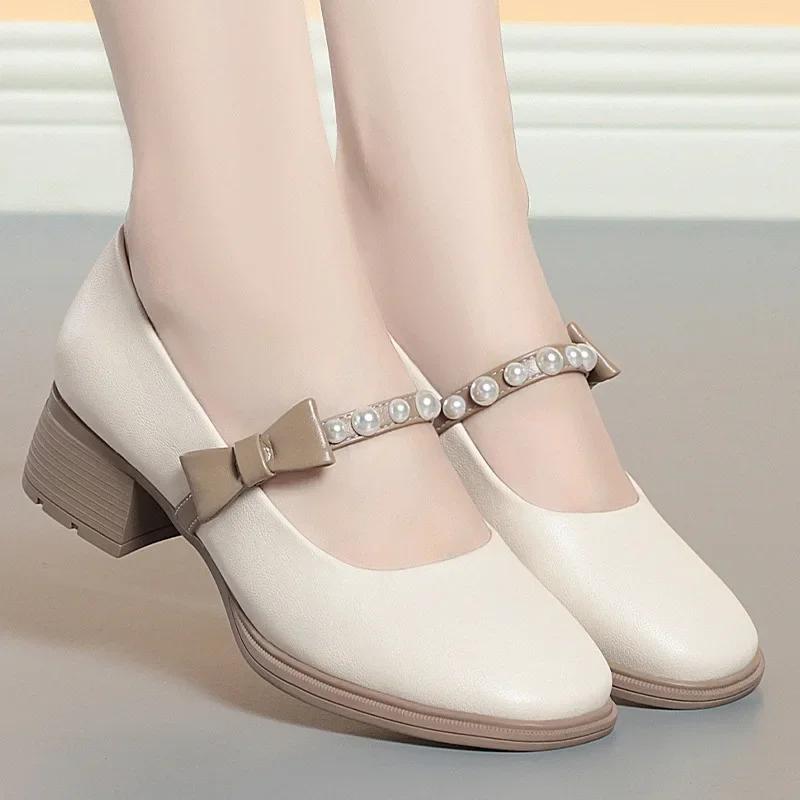 4cm Breathable Fashion Med Block Heels Shoes Women Mary Janes 2025 Fall Shallow Mouth Pearl Bow Leather Shoes for Office Mom