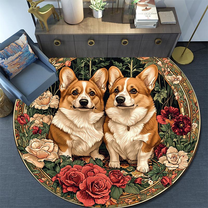 Corgis Round Area Rug,Carpet Rug for Living Room Bedroom Sofa Playroom Decor,Non-slip Floor Mat