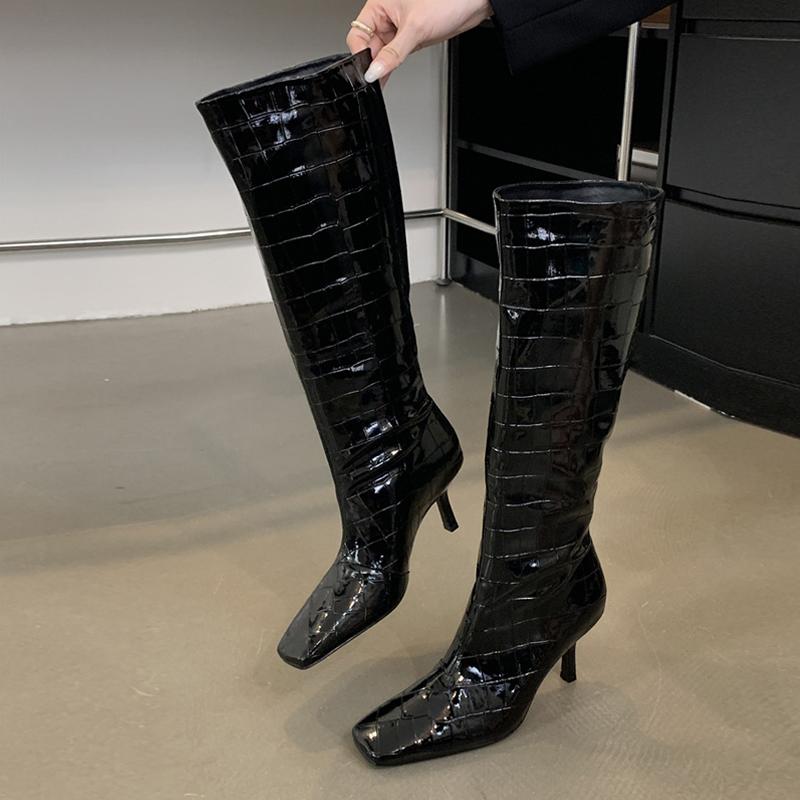 Fashion Liyke Winter Street Style Square Toe Leather Knee-High Women Boots Punk Thin Heels Shoes Female Long Booties Zapatos De Mujer