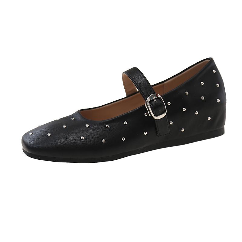 

Модная весенняя новая модель женских туфель на плоской подошве с мягкой подошвой, квадратным носком, мелким вырезом, линией заклепок и нескользящей подошвой 40 чёрный