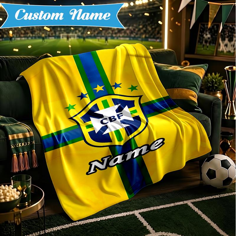 Custom Name Brazilian Football Emblem Blanket Lightweight Ideal Bedding Blanket Perfect for Travel, Camping, Living Rooms, Sofas, Christmas gift