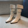 Full of Personality! Pleated Stacked Boots Are Popular This Year, White Rivet Pointed Thick Heel Medium Tube Fashion Boots