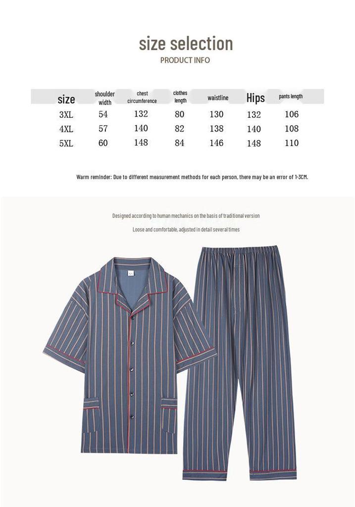 Mei Ji Yun Men's Cotton Lapel Pajama Set - Short Sleeve, Long Pants, Plus Size