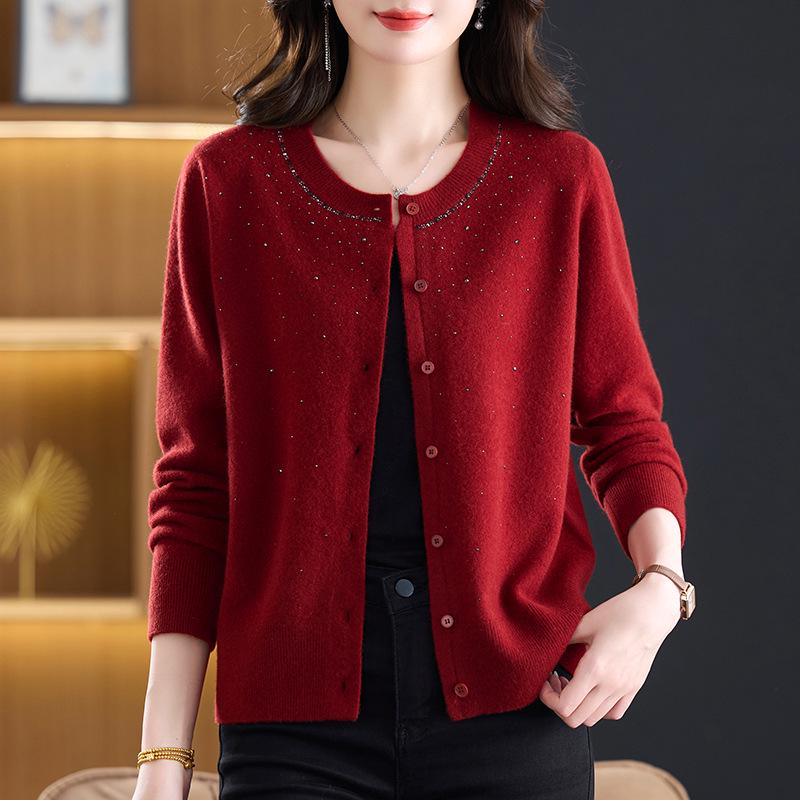 Women's Pure Wool Knit Cardigan - Spring Fashion Casual Round Neck Sweater for Middle-aged Mothers, Autumn/Winter Outerwear