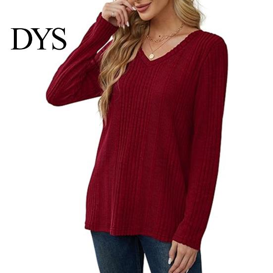 Damen Herbstkleidung Tunika Pullover V-Ausschnitt Langarm Einfarbig Gerippt Lässige Oberteile Schlanke Passform Gestrickt Locker
