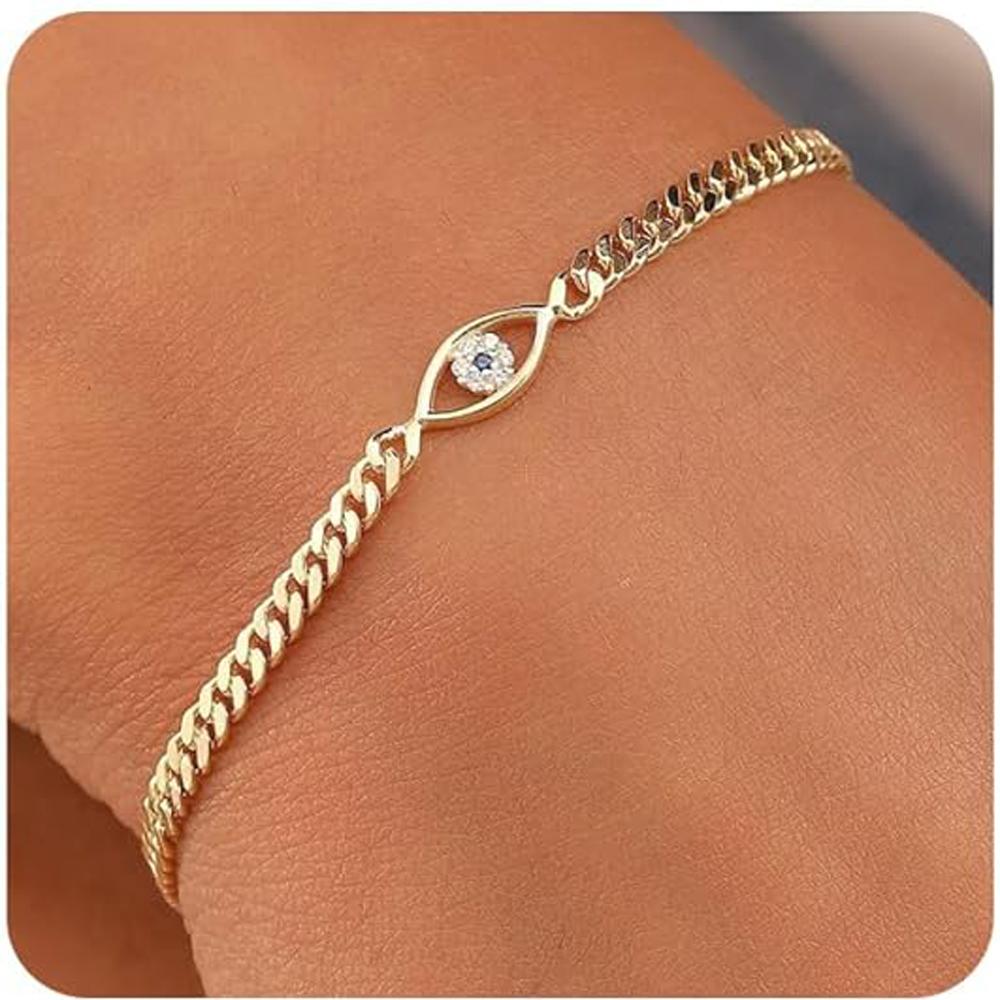 14K Gold Silver Bracelets for Women Girls - Evil Eye Diamond Cuban Link Heart Pearl Everyday Jewelry
