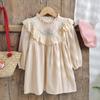 Spring Vintage Lace Girls Dress Long Sleeve Embroidered Bow Ruffle Children Princess Dress