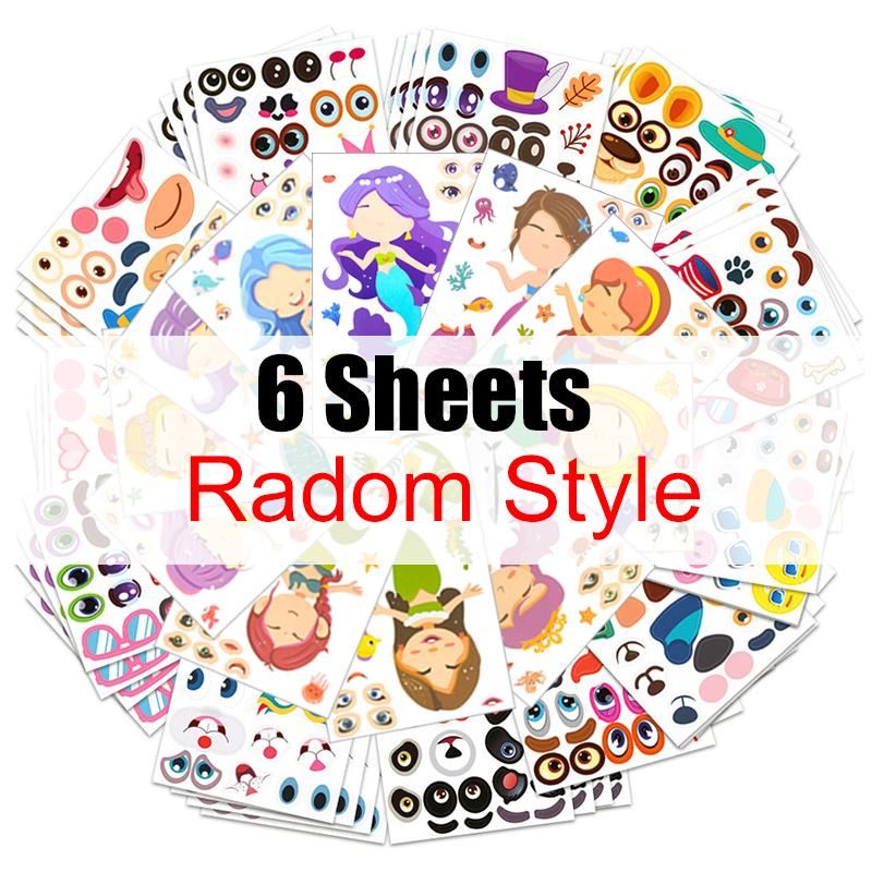 6/12/24/36Sheet Make an Animal Face DIY Sticker Random Mix Animal Mermaid Face Jigsaw Puzzle Stickers Cartoon Table Pet Gift ZYF