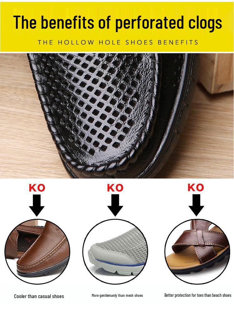 Men's Summer Breathable Leather Sandals - Hollow Out Design, Soft Sole, Cowhide for Middle-Aged & Elderly.
