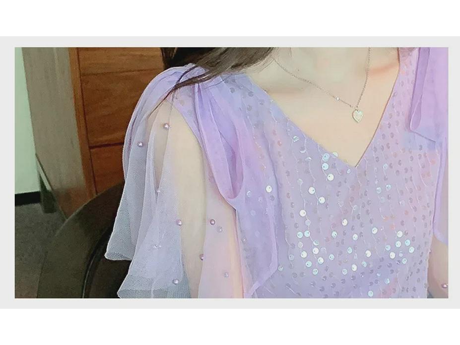 Women's Short Sleeve Sequined Chiffon V-Neck Shirt - Elegant, Fashionable, Loose Fit Top for Mature, Fairy-Inspired Summer Style