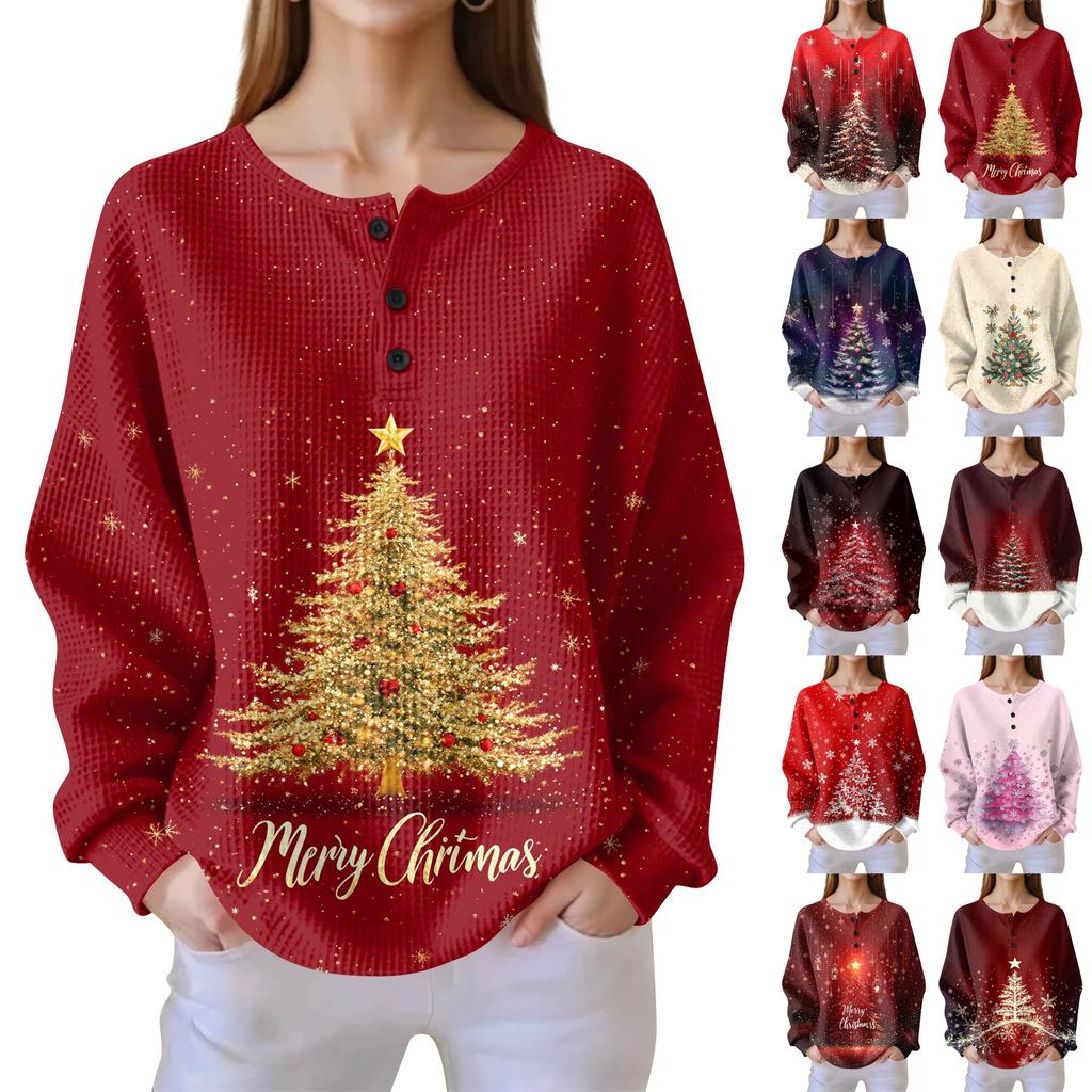Camicia da donna alla moda casual con stampa natalizia, scollo a V, maniche lunghe e abbottonatura.