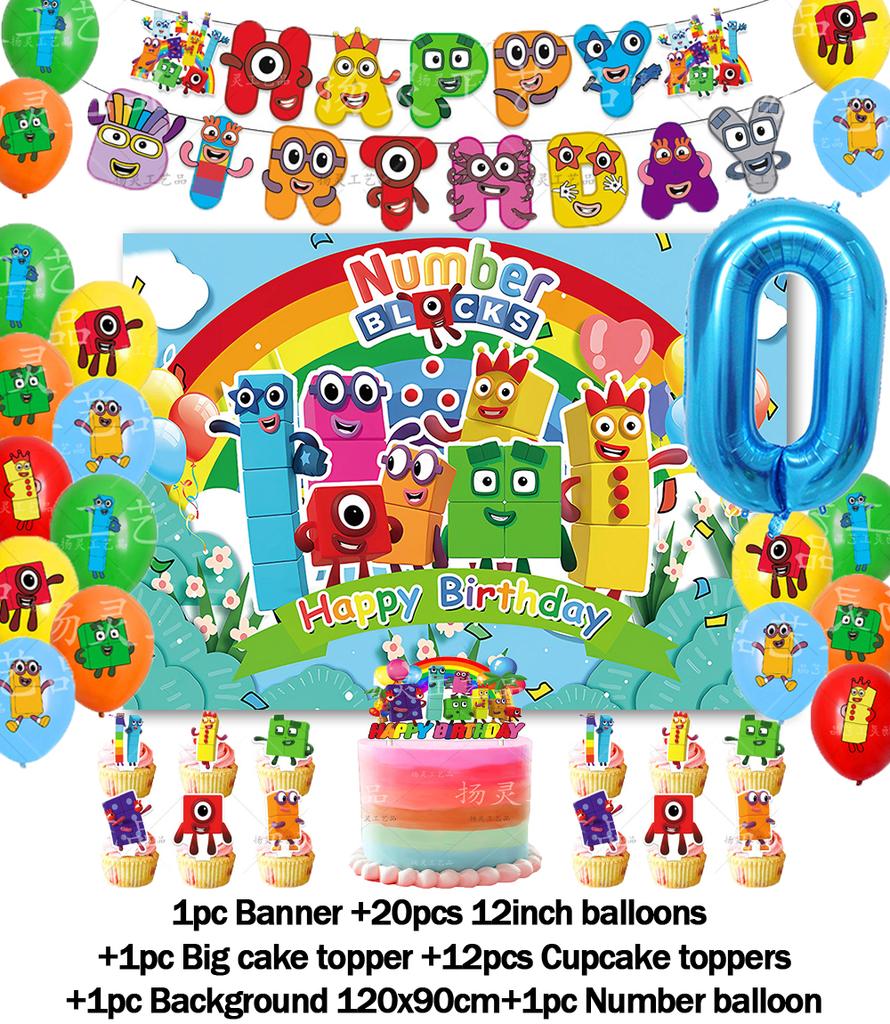 Cartoon Blocked Number Theme Birthday Party Decoration Building Background Plate Cup Balloon Backdrop Photography Prop Kid Gifts