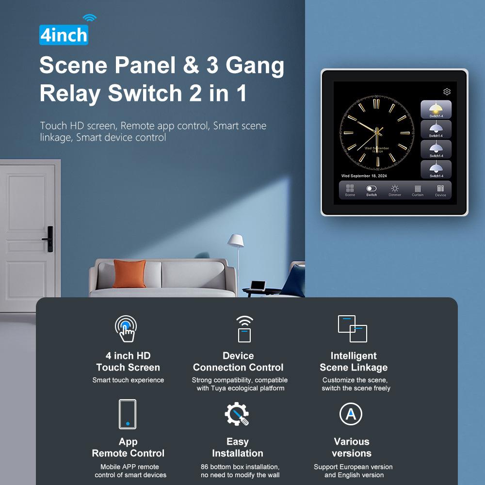 Tuya Zigbee 4Inch Scene Panel &3 Gang Relay Switch 2 in 1 Full Touch Screen Supports Dimming & Curtain Group Smart Control Alexa